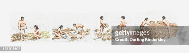 illustration of moche people constructing temple-pyramid using adobe bricks - adobe stock illustrations