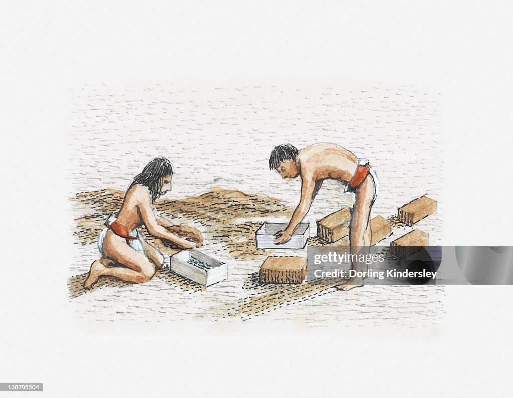Illustration of Moche people constructing temple-pyramid using adobe bricks