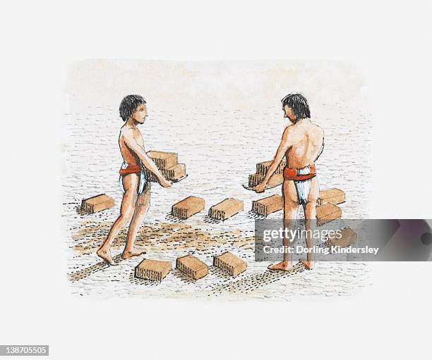 illustration of moche people constructing temple-pyramid using adobe bricks - adobe stock illustrations