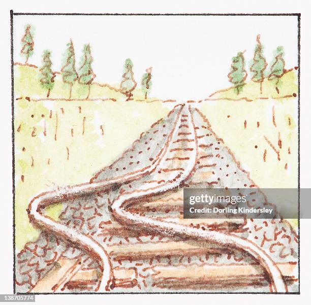 illustration of railway track damaged by earthquake - train track studio stock illustrations