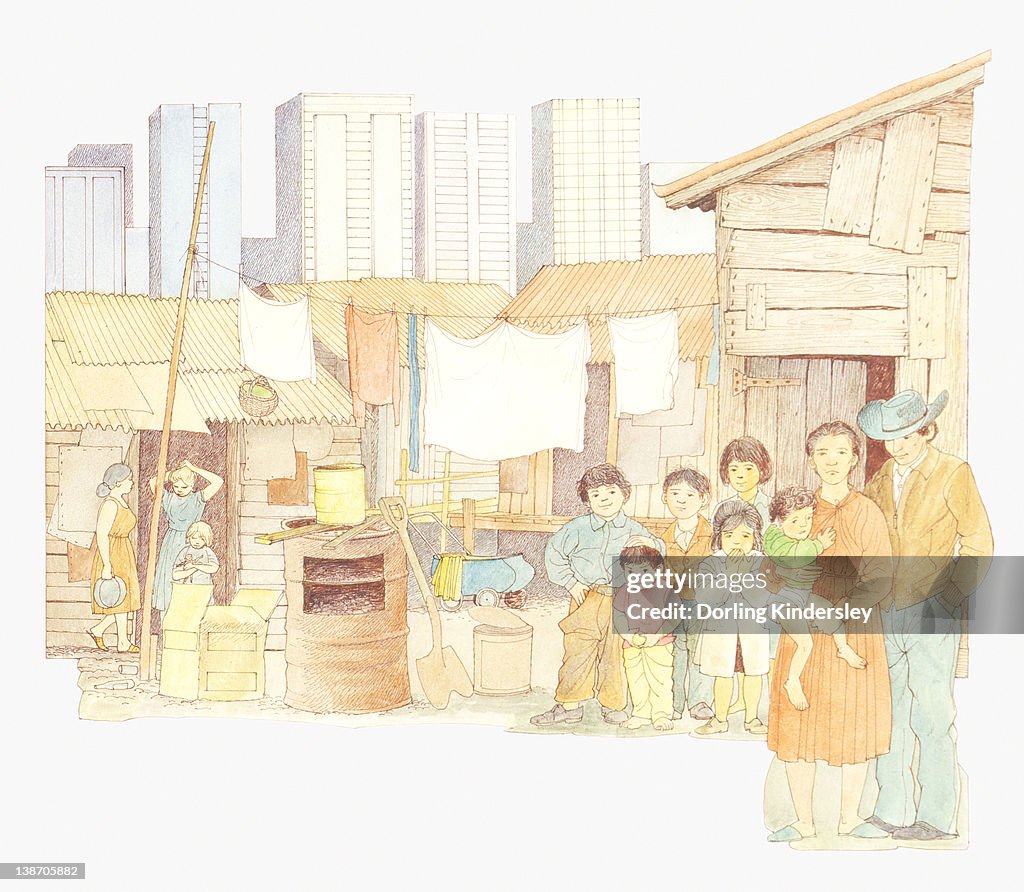 Illustration of family in Brazilian favela