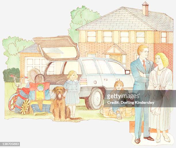 illustration of late 20th century family outside house with two children, dog and car - urban mother and daughter stock illustrations