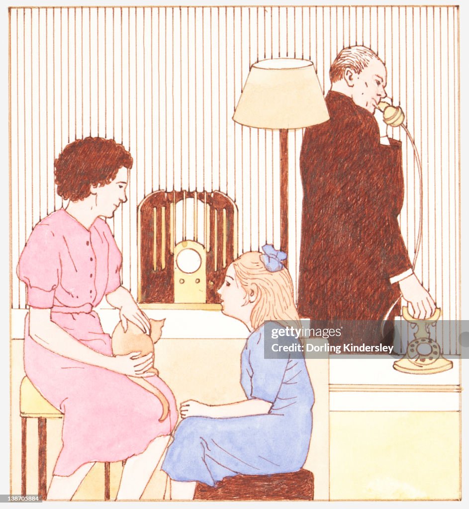 Illustration of 1930s family with radio, electricity, and man talking on telephone