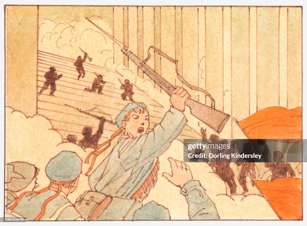 Illustration of bolsheviks gaining control of city during the Russian Revolution