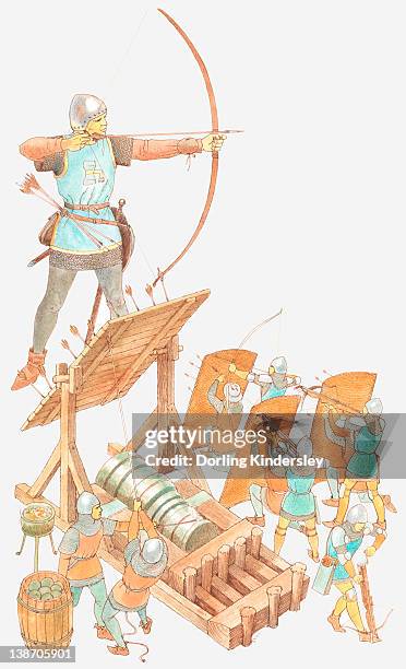 illustration of archer with longbow, archers with shields, and cannon during hundred years' war - hundred years war stock illustrations