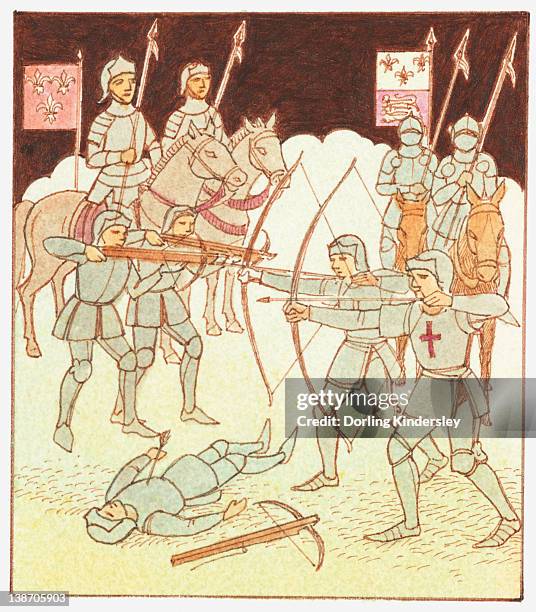 ilustraciones, imágenes clip art, dibujos animados e iconos de stock de illustration of soldiers on horseback with pollaxes, archers with longbows and cross bows and dead soldier on ground during the hundred years' war - hundred years war