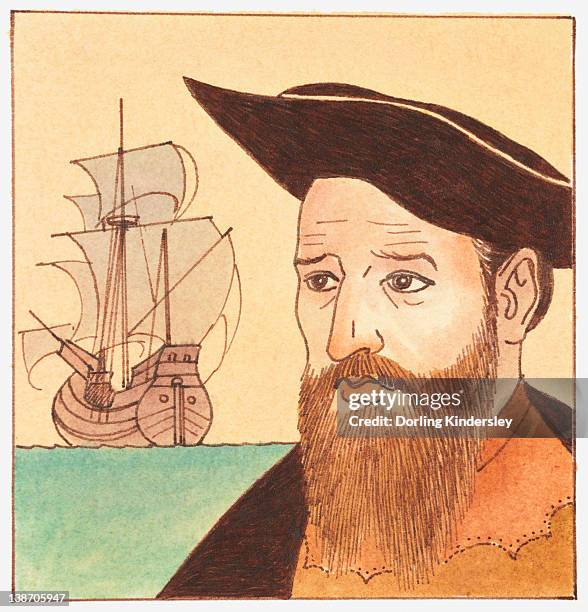 illustration of portrait of vasco da gama with ship in background - vasco da gama stock-grafiken, -clipart, -cartoons und -symbole