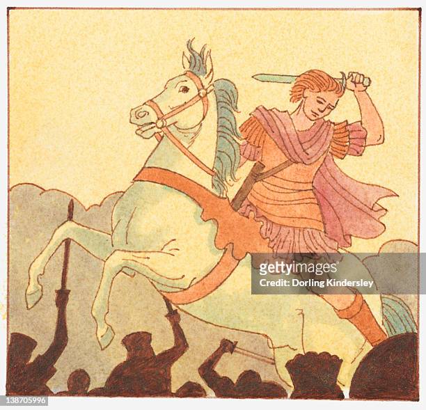illustration of alexander the great on in battle on horseback with sword above head - auf den hinterbeinen stock-grafiken, -clipart, -cartoons und -symbole