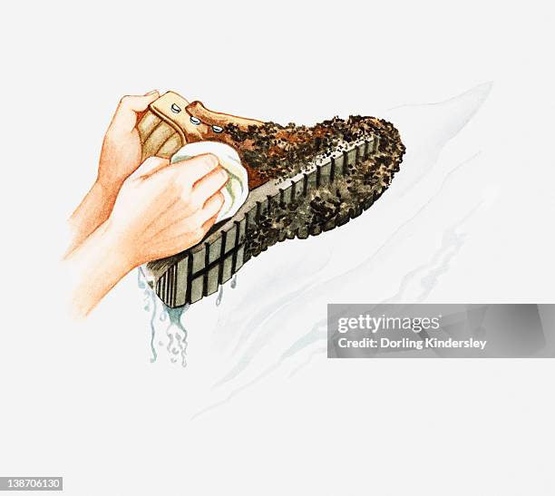 stockillustraties, clipart, cartoons en iconen met illustration of man using wet rag to clean mud from - wandelschoen
