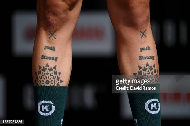 Detailed view of tattoo legs of Francisco Kiko Galván Fernández of Spain and Team Equipo Kern Pharma during the team presentation prior to the 101st...