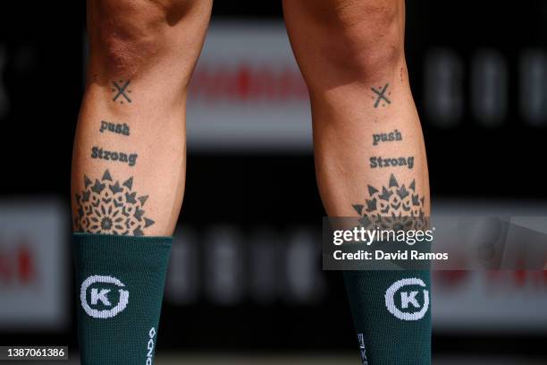 Detailed view of tattoo legs of Francisco Kiko Galván Fernández of Spain and Team Equipo Kern Pharma during the team presentation prior to the 101st...