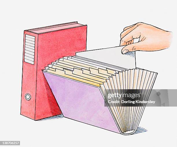 stockillustraties, clipart, cartoons en iconen met illustration of hand removing piece of paper from filing folder next to red ring binder - ring binder