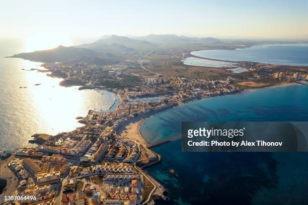 aerial view spit of la manga del mar menor spanish resort. spain - murcia spain stock pictures, royalty-free photos & images