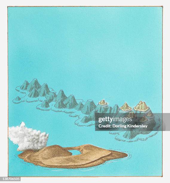 illustration of volcanic island of surtsey (belonging to iceland) and hawaiian islands chain - surtsey stock illustrations