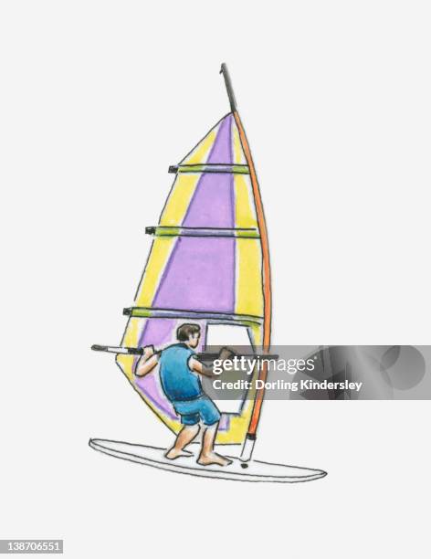 illustration of windsurfer on surfboard - windsurfbrett stock-grafiken, -clipart, -cartoons und -symbole