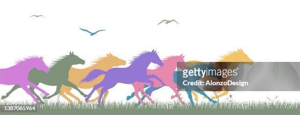 stockillustraties, clipart, cartoons en iconen met freedom. running wild horses. - running horses