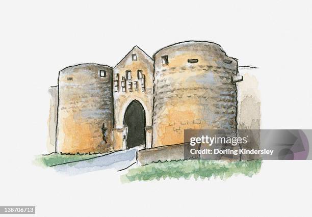 illustration of porte des tours, domme, dordogne, france - tours france stock-grafiken, -clipart, -cartoons und -symbole