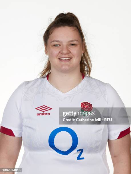 Sarah Beckett poses for a portrait during the England Women's Squad photocall at Bisham Abbey on March 22, 2022 in Marlow, England.