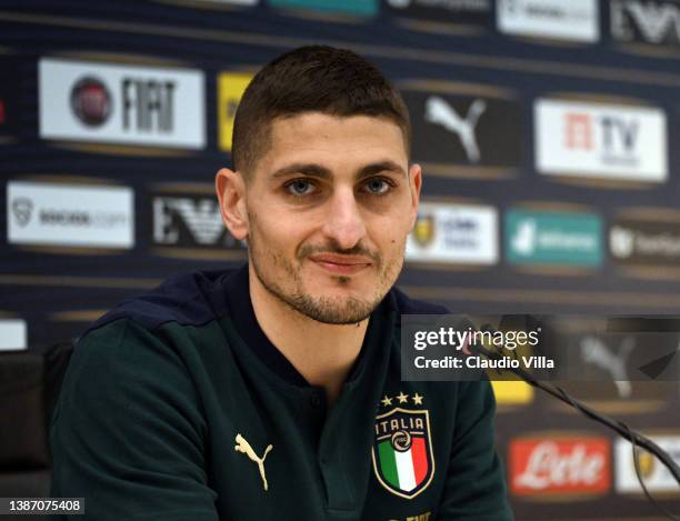 Marco Verratti of Italy speaks with the media during press conference at Centro Tecnico Federale di Coverciano on March 22, 2022 in Florence, Italy.