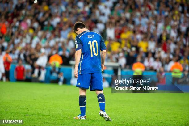 Lionel Messi of Argentina during the World Cup Final match between Germany and Argentina at the Maracana Stadium on July 13, 2014 in Rio de Janeiro,...