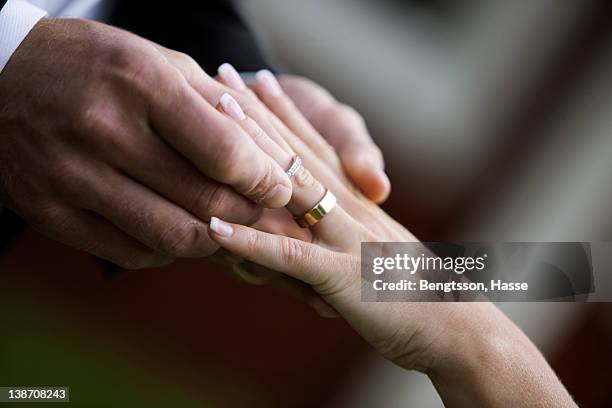 bridegroom and bride putting on rings - promesas de matrimonio fotografías e imágenes de stock