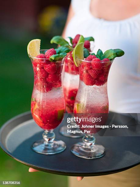 person holding tray with glasses of cocktail - raspberry cocktail stock pictures, royalty-free photos & images