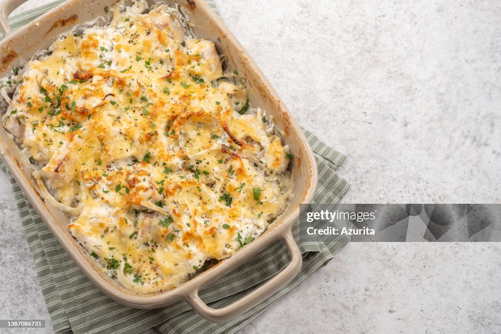 White fish casserole, cauliflower and potato