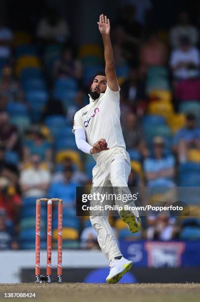 Saqib Mahmood of England bowls during the fifth day of the second Test between West Indies and England at Kensington Oval on March 20, 2022 in...