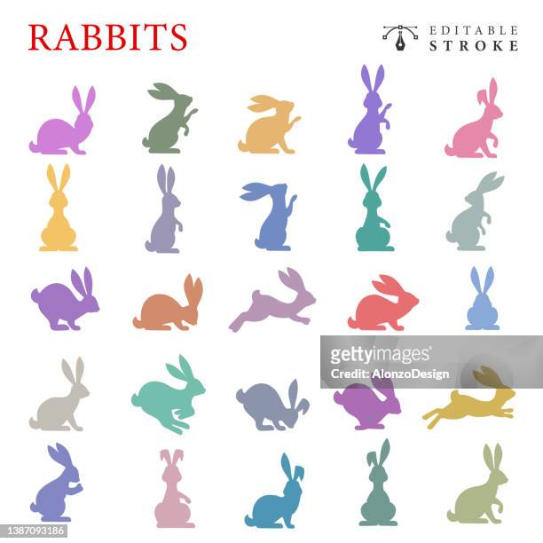 ilustrações de stock, clip art, desenhos animados e ícones de multicolored easter rabbit icons. - rabbit