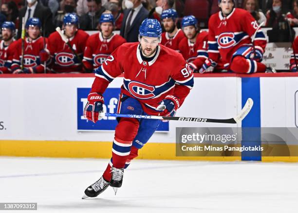 Jonathan Drouin of the Montreal Canadiens skates against the Boston Bruins during the first period at Centre Bell on March 21, 2022 in Montreal,...