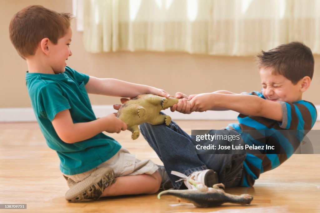 Caucasian boys fighting over dinosaurs