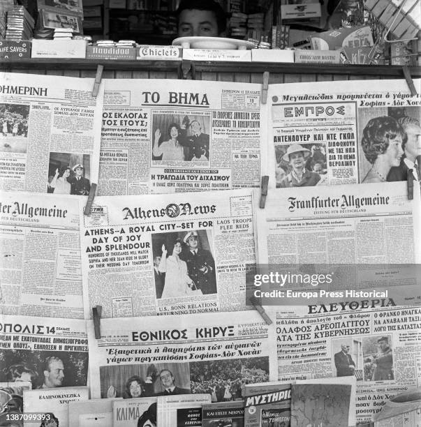 Front pages of the main international newspapers during the celebration in the church of St. Dionysius Areopagite of Athens, of the wedding between...