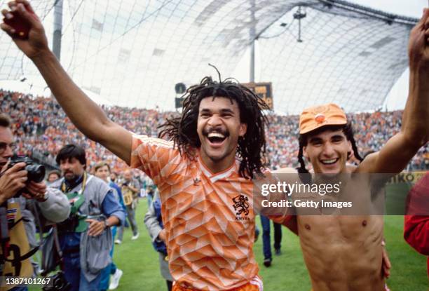 Netherlands players Ruud Gullit and Gerald Vanenburg celebrate after their 2-0 victory in the 1988 European Championships Final against USSR at...