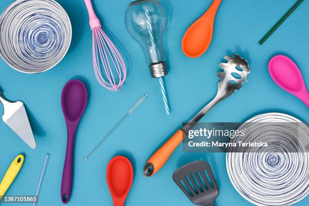 bright background with various dishes. culinary background. culinary flatley. culinary blog. tableware. - küchenbedarf stock-fotos und bilder