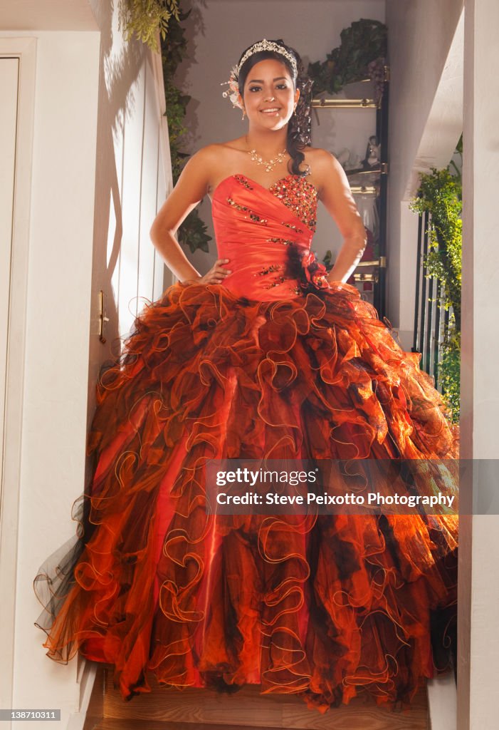 Hispanic teenager dressed for quinceanera