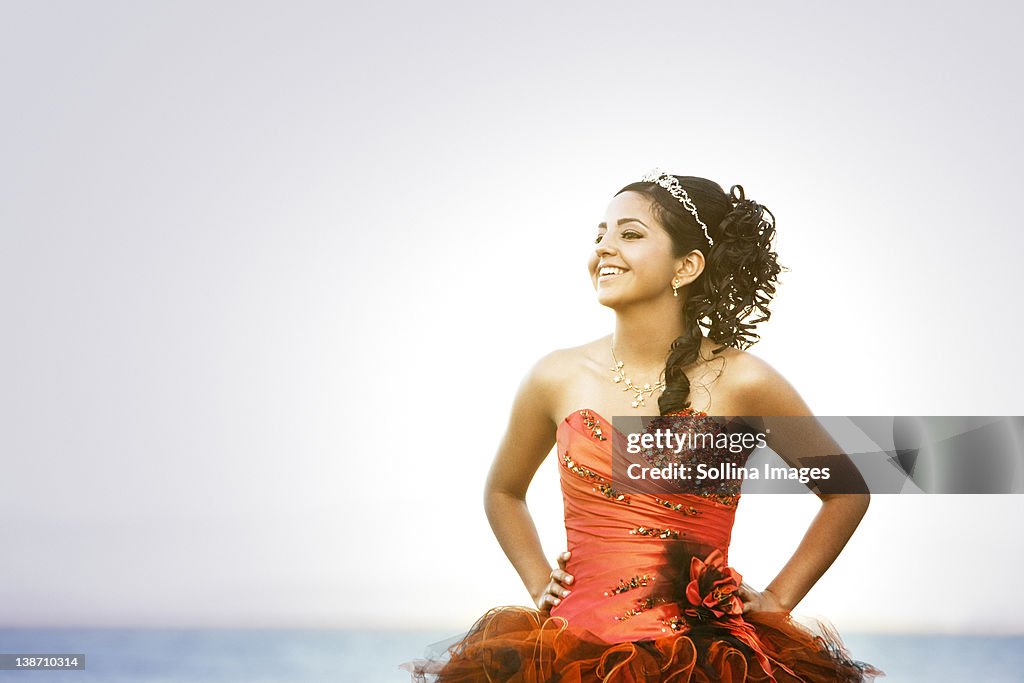 Hispanic teenager dressed for quinceanera