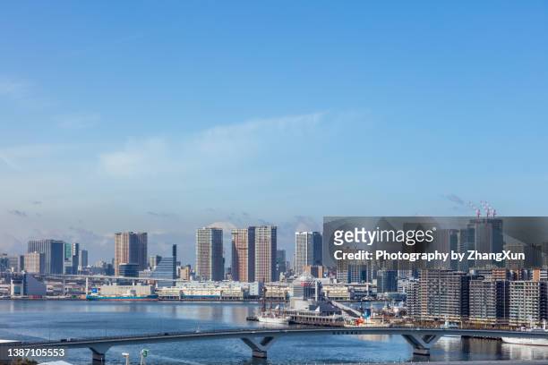 aerial view of tokyo toyosu, japan at day time. - toyosu stock-fotos und bilder