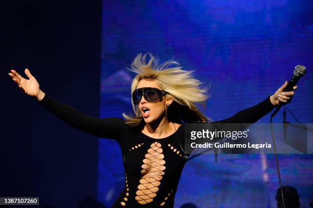 American singer Miley Cyrus performs on stage during a show at Movistar Arena on March 21, 2022 in Bogota, Colombia.