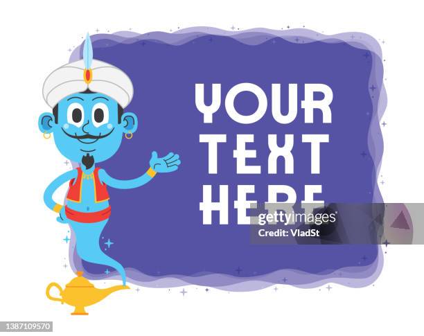 genie of the lamp magic fairytale cartoon character banner with copy space - aladdin stock illustrations