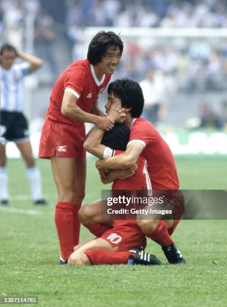 South Korean players congratulate goalscorer Park Chang-sun during the Group A match at the 1986 FIFA World Cup on 2nd June 1986 at the Olympic...