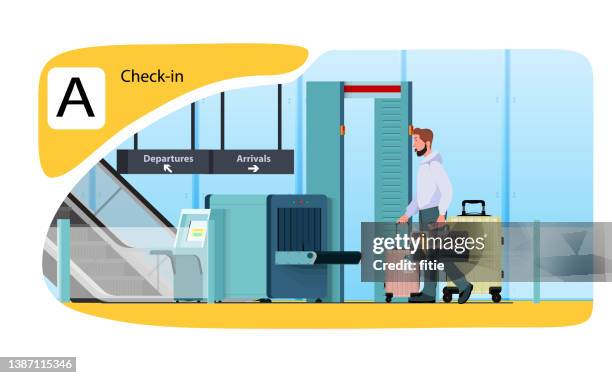ilustrações, clipart, desenhos animados e ícones de homem arrastando uma mala e um carregador de estimação em uma mão, fundo do aeroporto, check-in de segurança do aeroporto. - pessoa do check in