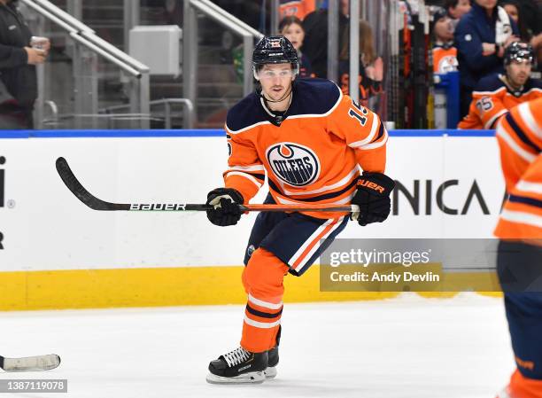 Josh Archibald of the Edmonton Oilers skates during the game against the New Jersey Devils on March 19, 2022 at Rogers Place in Edmonton, Alberta,...