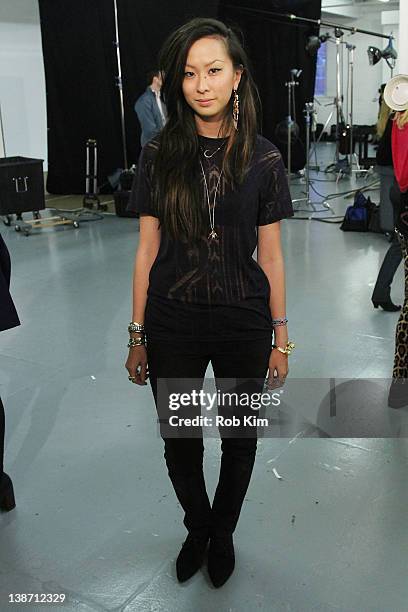 Designer Jen Kao backstage at the Jen Kao fall 2012 fashion show during Mercedes-Benz Fashion Week at Highline Studios on February 10, 2012 in New...