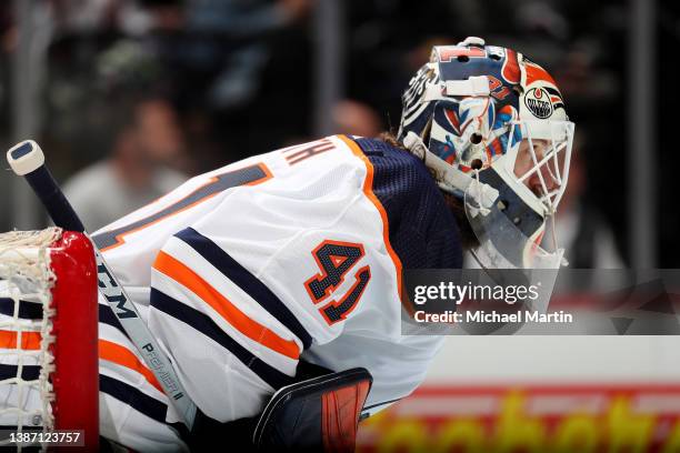 Goaltender Mike Smith of the Edmonton Oilers stands ready against the Colorado Avalanche at Ball Arena on March 21, 2022 in Denver, Colorado.