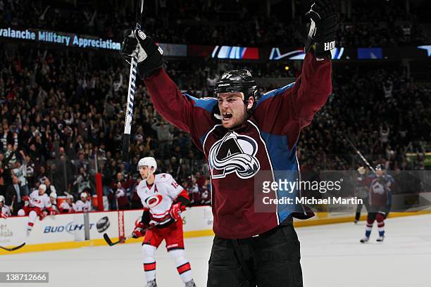 Ryan O'Reilly of the Colorado Avalanche celebrates the game winning goal against the Carolina Hurricanes at the Pepsi Center on February 10, 2012 in...
