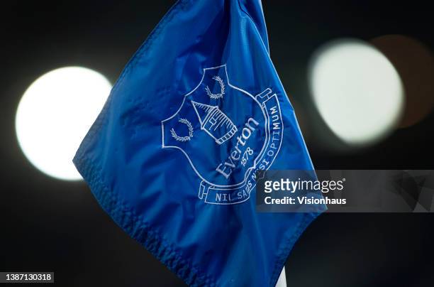The Everton club crest on a corner flag before the Premier League match between Everton and Newcastle United at Goodison Park on March 17, 2022 in...