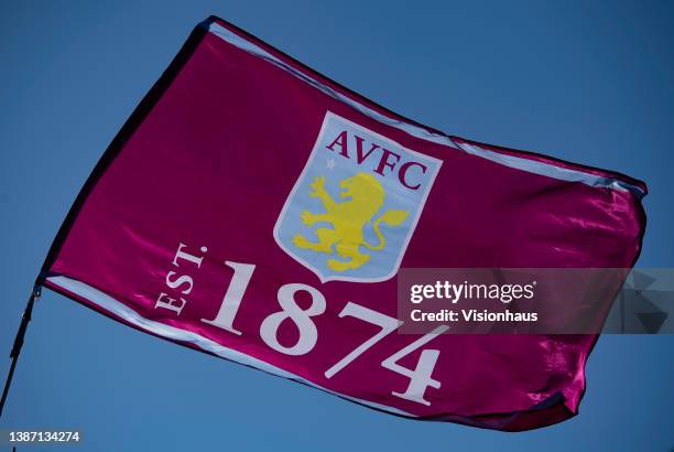 The official Aston Villa club badge on a flag ahead of the Premier League match between Aston Villa and Arsenal at Villa Park on March 19, 2022 in...
