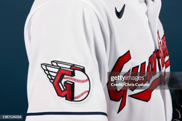 Detail view of the Cleveland Guardians logo on a jersey during Photo Day at Goodyear Ballpark on March 22, 2022 in Goodyear, Arizona.