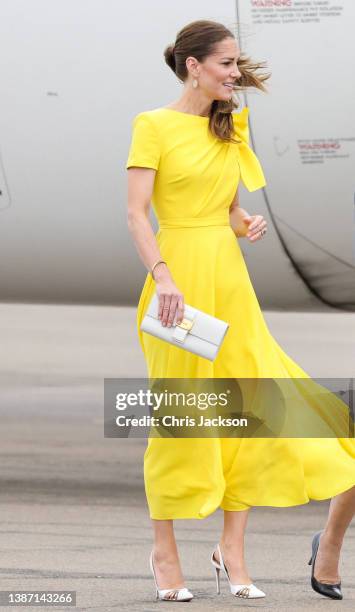 Catherine, Duchess of Cambridge during the official arrival at Norman Manley International Airport on March 22, 2022 in Kingston, Jamaica. The Duke...