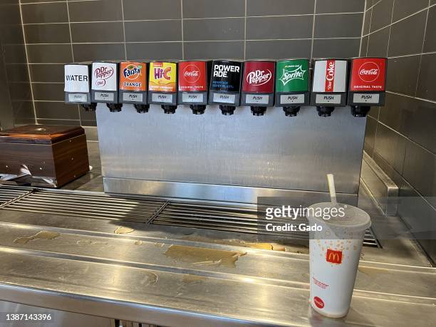 Soda fountain with drink cup visible at McDonald's restaurant in Lafayette, California, March 14, 2022. Photo courtesy Sftm.